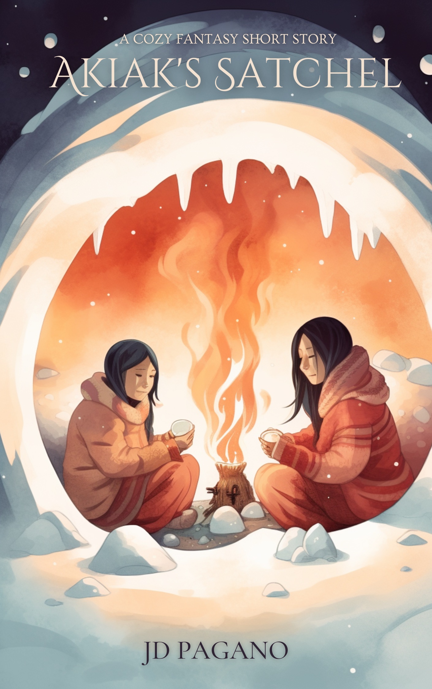 mother and daughter drinking tea by the fire